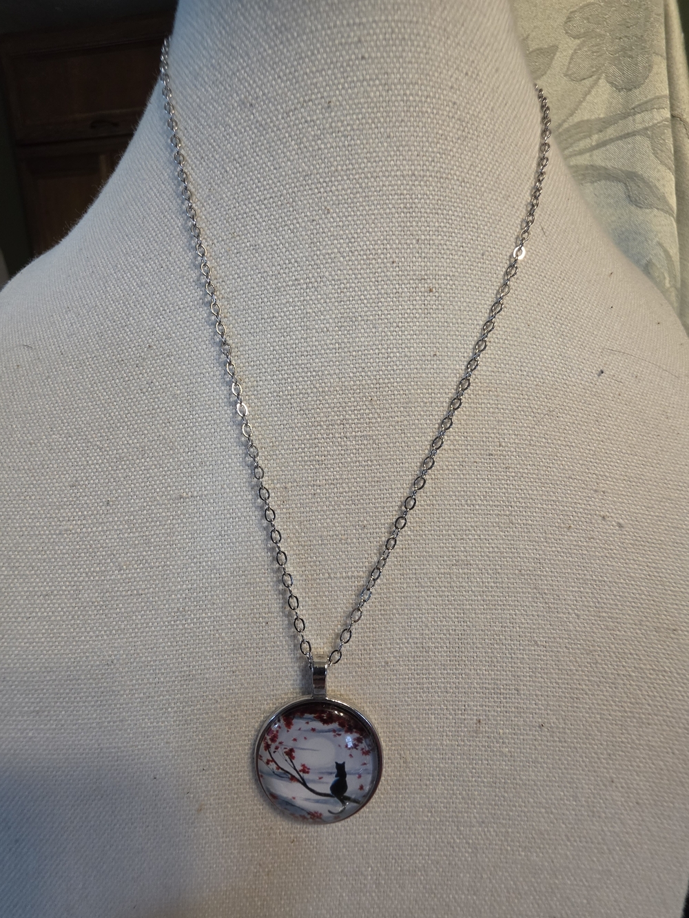 #1435. Silver Cat Silhouette Pendant Necklace with Red Floral Accent